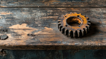 Close-up shot of an old iron cog on a rough wooden workbench, highlighting intricate metal textures and weathered detailsの素材