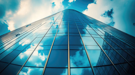 Climbers in neon vests cleaning curved glass facade with deep blue tint, skyscraper surface reflecting cloudsの素材