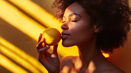 Close-up of a woman sniffing a citrus fruit with a blank expression, struggling with the loss of smell and taste.の素材