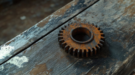 Close-up of a heavy iron gear with rusted edges on an old wooden workbench, vintage machinery and mechanical engineering themeの素材