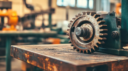 Close-up of a heavy iron gear with rusted edges on an old wooden workbench, vintage machinery and mechanical engineering themeの素材