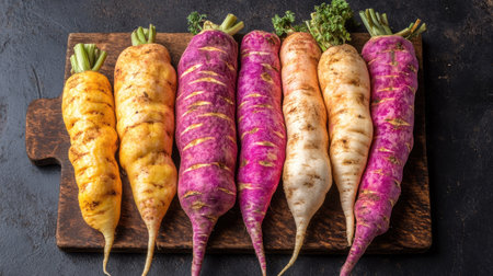 Colorful ullucus tuberosus root vegetables on kitchen board, unique ingredient from the Andes, healthy food themeの素材