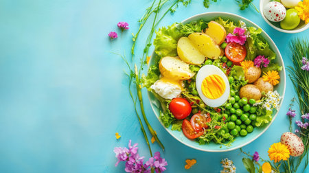 Colorful Easter salad with egg, peas, potato and mayo, presented in an elegant bowl with Easter motifs and springtime pastel colorsの素材