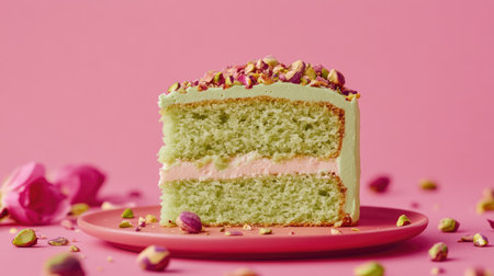 Classic pistachio green cake slice with a smooth cream layer and pistachio topping, presented elegantly for dessert photography.の素材