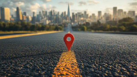 Close-up of a bright red location marker on an asphalt road with a modern urban skyline visible in the distance.の素材