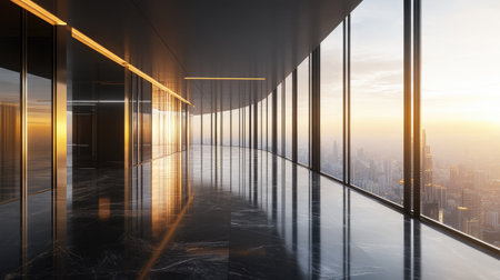 Contemporary empty apartment interior with full-height windows, breathtaking Bangkok city skyline view, luxury high-rise property, daytimeの素材