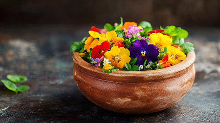 Colorful edible flower salad in a handcrafted ceramic bowl with pansies, nasturtiums, roses and mche, ideal for summer diningの素材