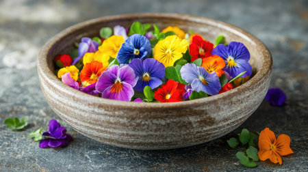 Colorful edible flower salad in a handcrafted ceramic bowl with pansies, nasturtiums, roses and mche, ideal for summer diningの素材