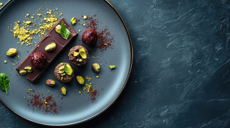 Combination of sweet pistachio chocolate and savory canap on elegant grey plate, representing contrast in fine cuisineの素材