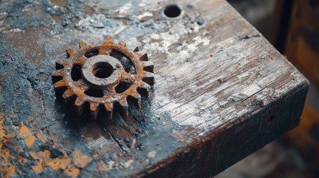 Close-up of a rusty old metal gear resting on a weathered wooden table, vintage industrial concept with soft lighting and texture detailsの素材