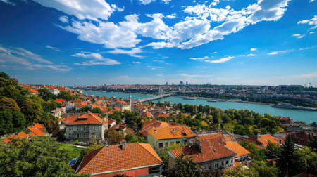 Clear summer day in Belgrade, view from Ada Bridge to city center with green parks, red rooftops, and river viewsの素材