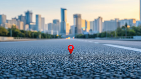 Close-up of a red location pin marking a key destination on a smooth asphalt road toward a modern metropolis.の素材
