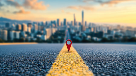 Close-up of a bright red location marker on an asphalt road with a modern urban skyline visible in the distance.の素材