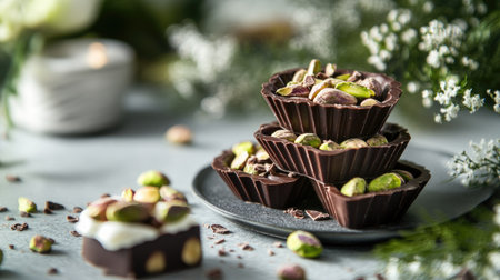 Close-up of luxury chocolate with pistachios from Dubai next to a fine canap appetizer on elegant grey tabletopの素材