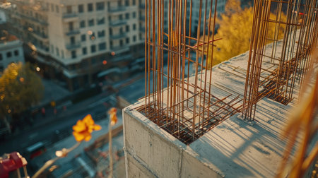 Close-up of concrete slabs, exposed rebar, and building elements during early phase of G residential constructionの素材