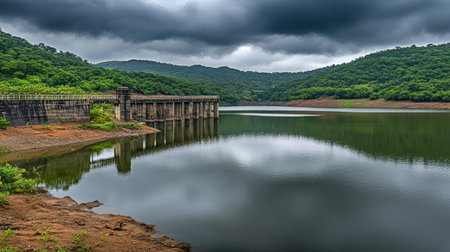 Cloudy afternoon at Bangwad Dam with layered mountain background and water reflecting moody skiesの素材