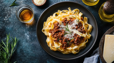 A gourmet-style tagliatelle pasta dish with tender lamb ragu, parmesan shavings, and fresh rosemary, styled from an overhead perspective.の素材