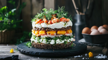 Close-up of traditional Swedish Smrgstrta on a modern black slate stand, layered with seafood, egg, and greensの素材