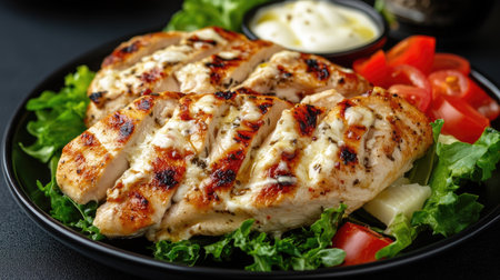 A gourmet plate of fresh chicken fillet, mozzarella cheese, and crisp greens, presented on a black textured background.の素材