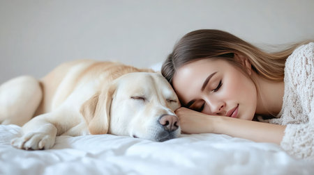 Young woman and her dog napping together on a soft bed, cozy and intimate bedroom moment, peaceful vibesの素材