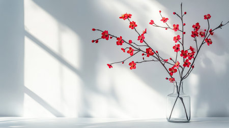Close-up of artificial red plum blossoms in a glass vase, modern and stylish home decoration with copy spaceの素材