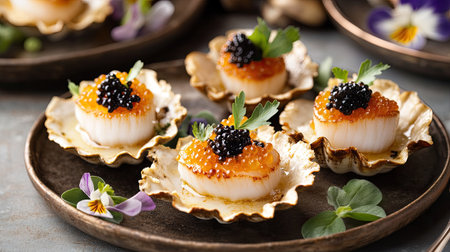 A gourmet chef's creation featuring scallops, caviar, and edible flowers, plated with precision and elegance.の素材