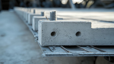 Close-up of concrete slabs, exposed rebar, and building elements during early phase of G residential constructionの素材