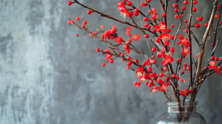 Close-up of artificial red plum blossoms in a glass vase, modern and stylish home decoration with copy spaceの素材