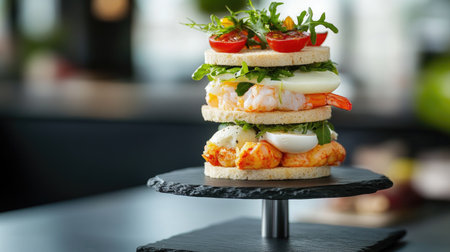 Close-up of traditional Swedish Smrgstrta on a modern black slate stand, layered with seafood, egg, and greensの素材