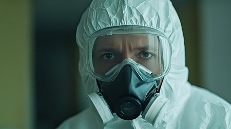 Close-up of doctor in hazmat suit holding saliva swab sample for COVID- PCR test, healthcare and diagnosticsの素材