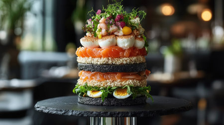 Close-up of traditional Swedish Smrgstrta on a modern black slate stand, layered with seafood, egg, and greensの素材