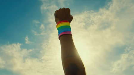 Close-up shot of a hand in a rainbow sweatband raising a bright LGBTQ flag against the sky, symbol of love and acceptanceの素材