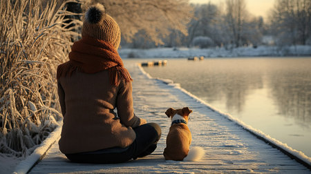 Young woman sitting cross-legged on a lake boardwalk, her small terrier curled up beside her, enjoying the winter air.の素材