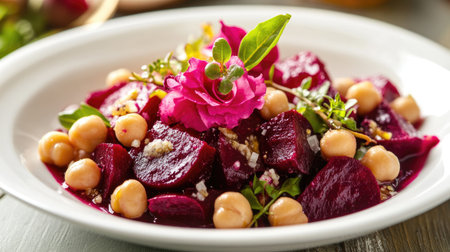 Close-up of white bowl with healthy beetroot and chickpea salad, garnished with pretty beetroot rose flowers, natural lightingの素材