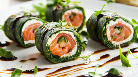 A gourmet appetizer of spinach pancakes rolled with smoked salmon and Philadelphia cheese, finished with balsamic drizzle and fresh greens.の素材