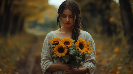 Young woman in a flowing linen dress holding a bouquet of golden sunflowers, radiating autumn beauty.の素材