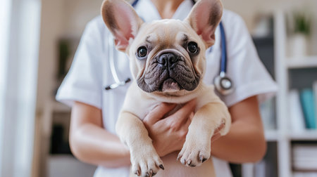 Young veterinarian in clinic holding a friendly French Bulldog, pet care and veterinary examination settingの素材