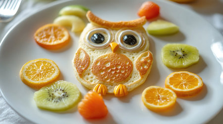 Close-up of artistic owl pancake decorated with natural fruits on a white ceramic plate, styled for kidsの素材