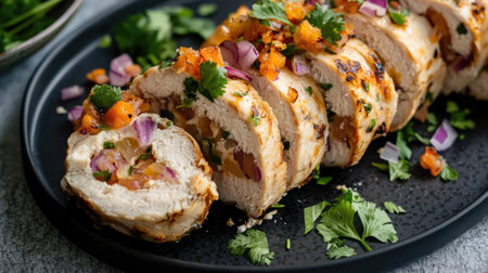 Smrgstrta served on a stylish matte black plate, cut into neat slices with parsley and red onion garnishの素材