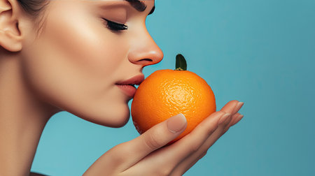 Sick woman holding a fresh tangerine orange close to her nose, struggling to sense its smell due to COVID- symptoms.の素材