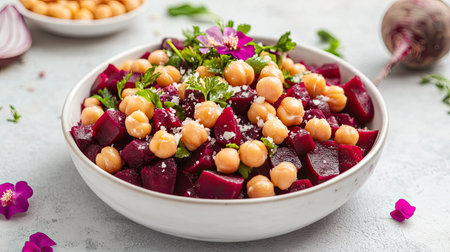 Simple and elegant beetroot salad with chickpeas and floral beetroot garnishes, arranged in white bowl on pale surfaceの素材