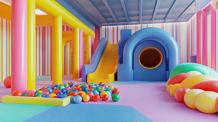 Supermarket play area for kids with colorful tunnels, ball pit, and small slides, lively and safe indoor playgroundの素材