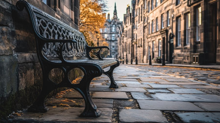 Solitary bench in an empty street of Edinburgh's New Town, Georgian architecture in the backgroundの素材