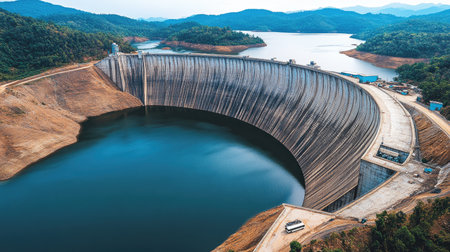 Stunning panoramic view of Bangwad Dam, Phuket, with curved shoreline and natural beauty all aroundの素材