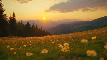 Soft orange hues fill the sky as the sun sets over the Carpathians, illuminating a valley of golden arnica flowers in bloomの素材