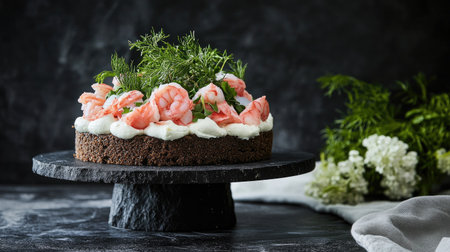 Smrgstrta placed on a modern cake stand, garnished with herbs and seafood, black stone surface adds contrastの素材