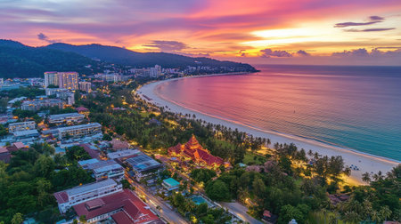 Soft light from golden sunset casting warm glow over tropical coastline at Patong Beach, Phuketの素材