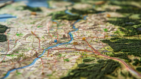 Spokane highlighted on a detailed U.S. map, close-up perspective with highways and landmarks visible, journey planning themeの素材