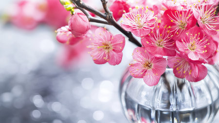 Stunning close-up of a bouquet of red plum blossoms in a transparent glass vase, perfect for home decor inspirationの素材