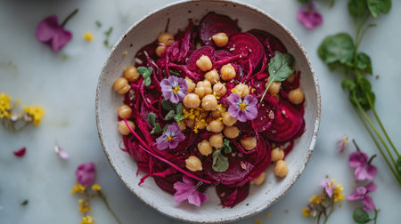 Simple and elegant beetroot salad with chickpeas and floral beetroot garnishes, arranged in white bowl on pale surfaceの素材